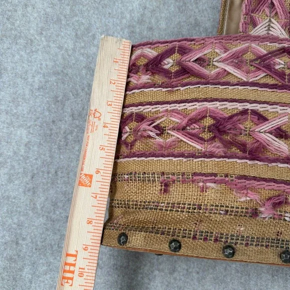 VTG Handmade Burlap Yarn Embroidered Tote Bag Geometric Stitched Pink Brown Boho - Picture 9 of 16